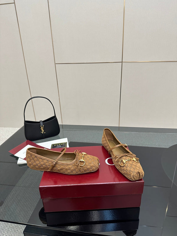 GC 25 Horsebit Ballet Flat Dark Brown Monogram Suede