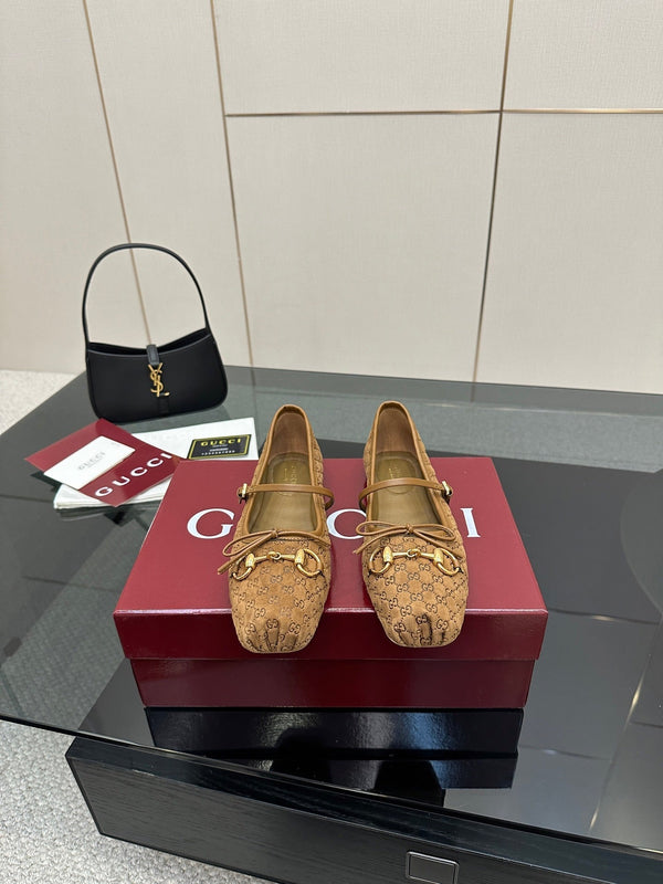 GC 25 Horsebit Ballet Flat Dark Brown Monogram Suede