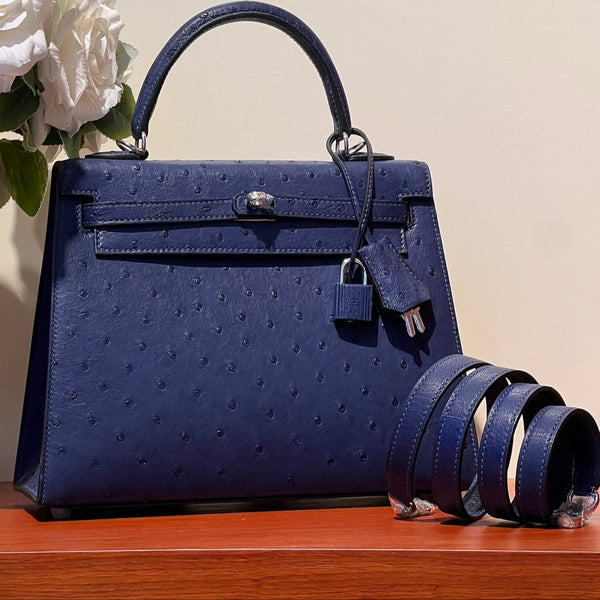 KELLY SELLIER 25 BAG IN NAVY BLUE OSTRICH LEATHER WITH SILVER HARDWARE (MADE - TO - ODER)