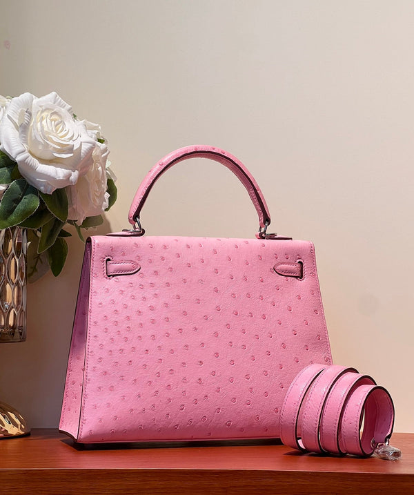 KELLY SELLIER 25 BAG IN DOLL PINK OSTRICH LEATHER WITH SILVER HARDWARE (MADE - TO - ODER)