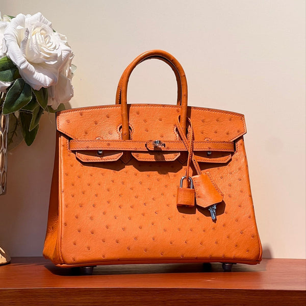 KELLY SELLIER 25 BAG IN FIRE ORANGE OSTRICH LEATHER WITH SILVER HARDWARE (MADE - TO - ODER)