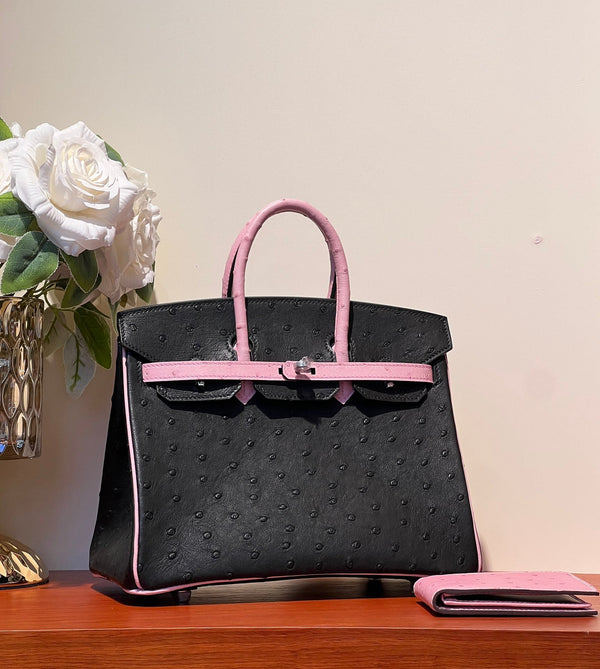 KELLY SELLIER 25 BAG IN BLACK MIX BABY PINK OSTRICH LEATHER (MADE - TO - ODER)