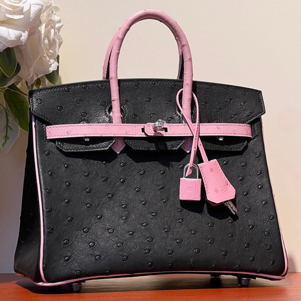 KELLY SELLIER 25 BAG IN BLACK MIX BABY PINK OSTRICH LEATHER (MADE - TO - ODER)
