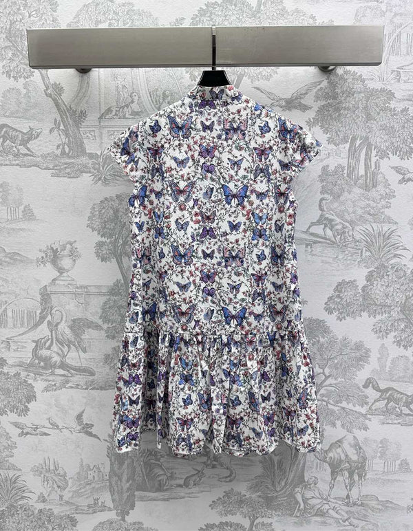 CD Short Dress White Cotton Muslin with Multicolor Motif