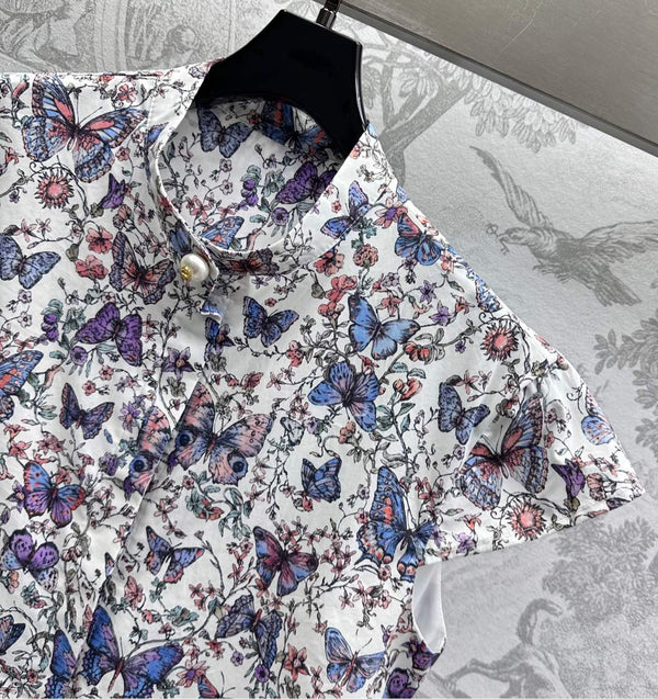 CD Short Dress White Cotton Muslin with Multicolor Motif