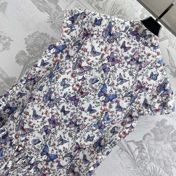 CD Short Dress White Cotton Muslin with Multicolor Motif