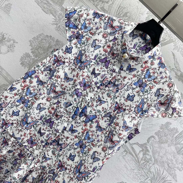 CD Short Dress White Cotton Muslin with Multicolor Motif