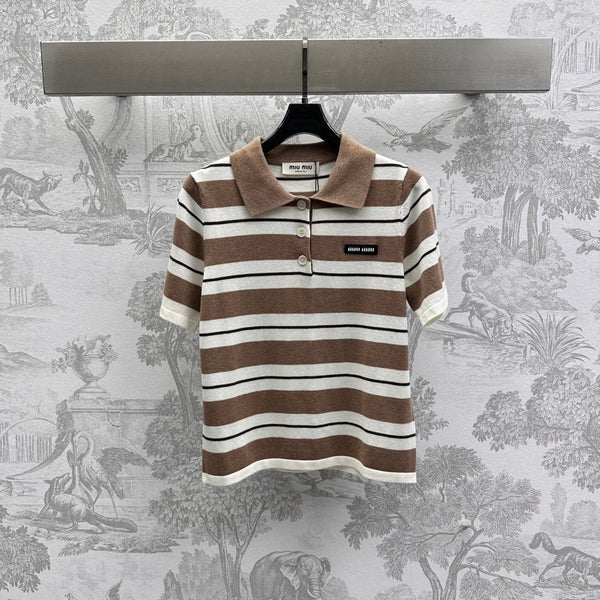 Miu 25 Polo T-Shirt Brown mix Beige Virgin Wool 233466