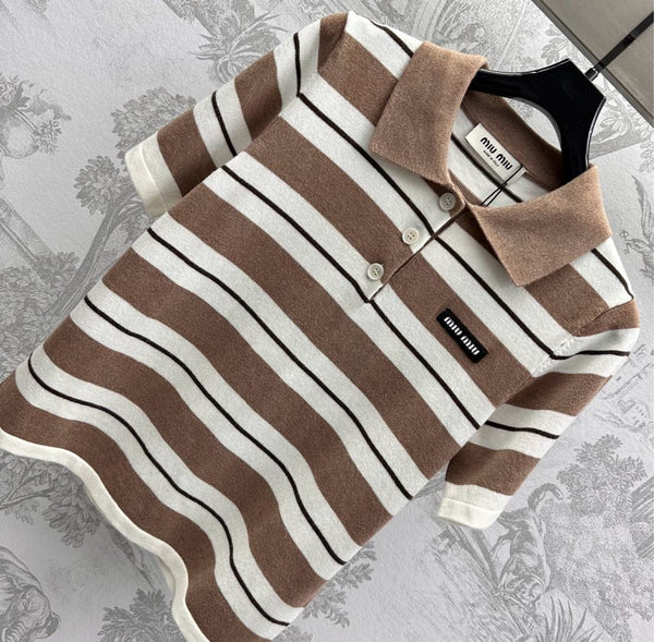 Miu 25 Polo T-Shirt Brown mix Beige Virgin Wool 233466