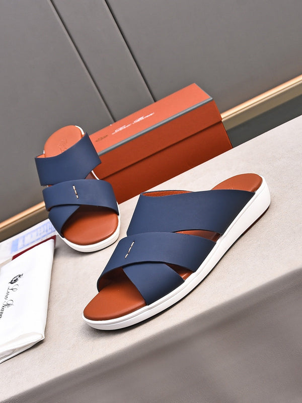 LP PANTOFOLE CON CINTURINI INTRECCIATI IN PELLE DI VITELLO BLU MARINO