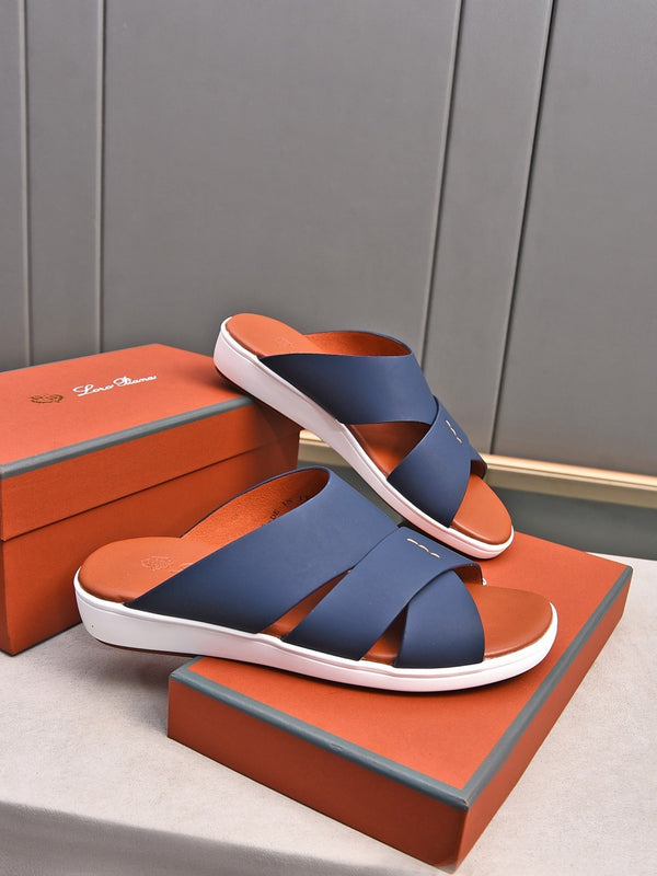 LP PANTOFOLE CON CINTURINI INTRECCIATI IN PELLE DI VITELLO BLU MARINO