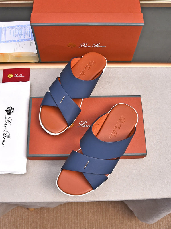LP PANTOFOLE CON CINTURINI INTRECCIATI IN PELLE DI VITELLO BLU MARINO