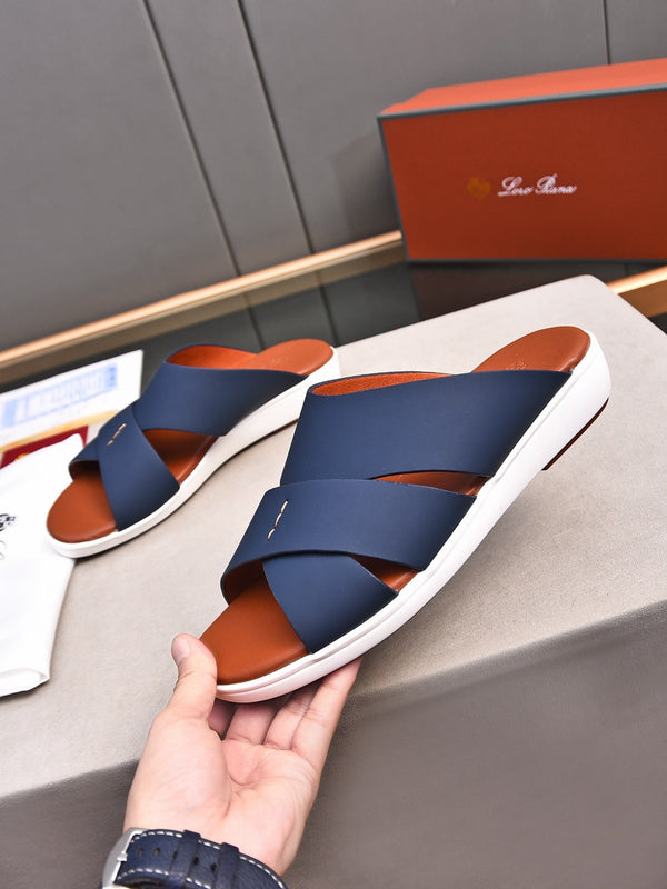 LP PANTOFOLE CON CINTURINI INTRECCIATI IN PELLE DI VITELLO BLU MARINO