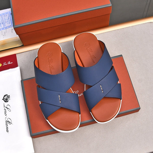 LP PANTOFOLE CON CINTURINI INTRECCIATI IN PELLE DI VITELLO BLU MARINO