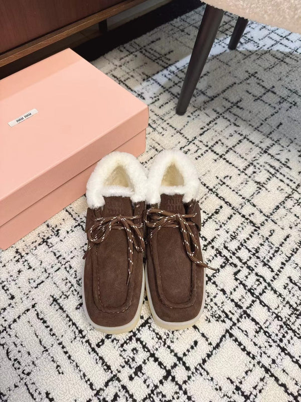 Miu Ankle Boots Chocolate Brown Fleece Lining Cow Suede