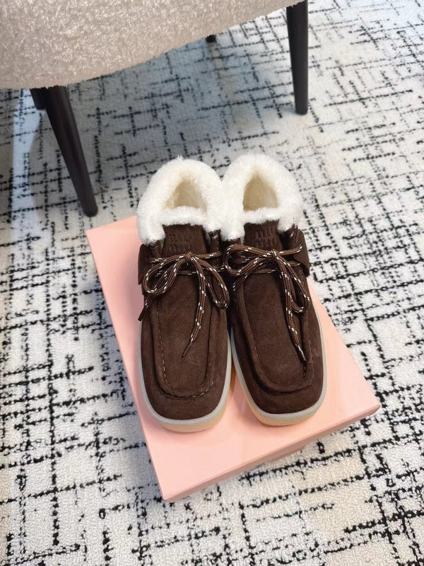 Miu Ankle Boots Chocolate Brown Fleece Lining Cow Suede