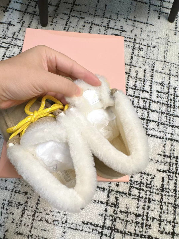 Miu Ankle Boots Light Brown Fleece Lining Cow Suede