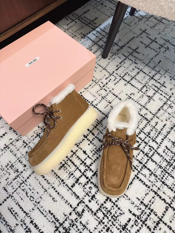 Miu Ankle Boots Cinnamon Brown Fleece Lining Cow Suede