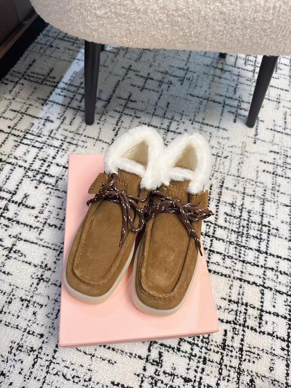 Miu Ankle Boots Cinnamon Brown Fleece Lining Cow Suede