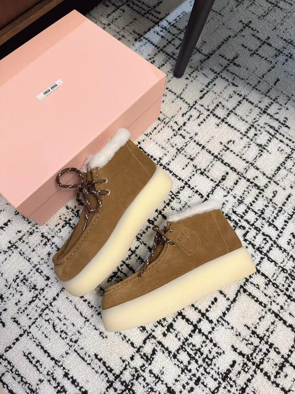 Miu Ankle Boots Brown Yellow Fleece Lining Cow Suede