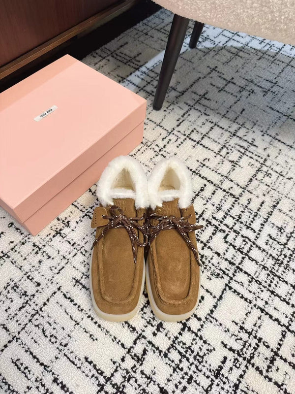 Miu Ankle Boots Brown Yellow Fleece Lining Cow Suede