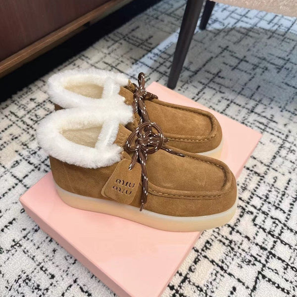 Miu Ankle Boots Brown Yellow Fleece Lining Cow Suede