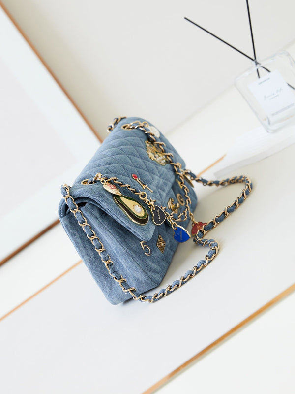 CC 24K Flap Bag 20cm Multi Charm Blue Denim Gold Hardware