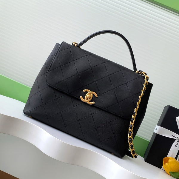 cc 25S Vintage Flap Bag 33cm Top Handle Black Calfskin