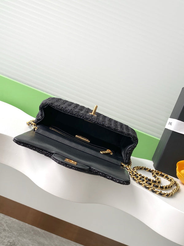 cc 25S Flap Bag 20cm Black Raffia
