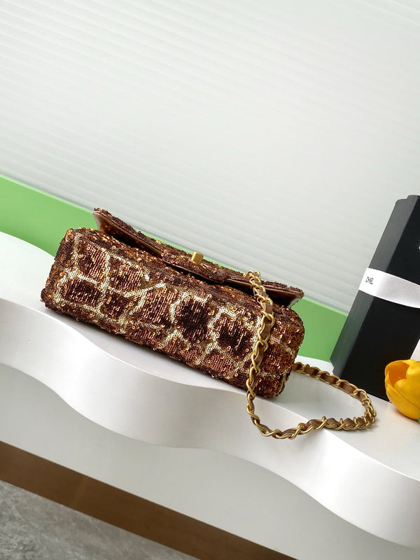 cc 25S Flap Bag 21cm Brown Gold Sequin Calfskin