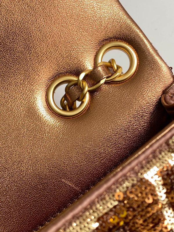 cc 25S Flap Bag 21cm Brown Gold Sequin Calfskin