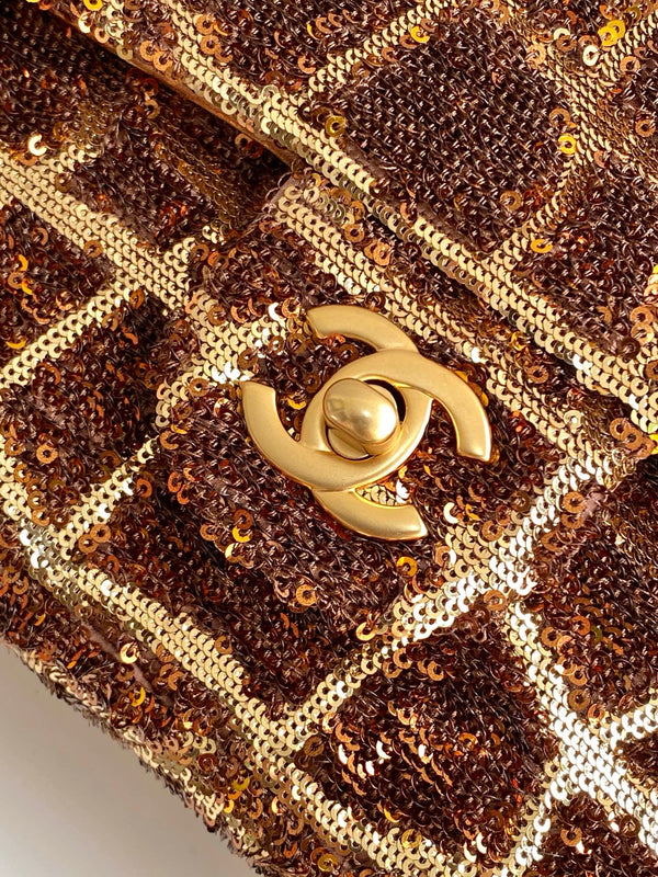 cc 25S Flap Bag 21cm Brown Gold Sequin Calfskin