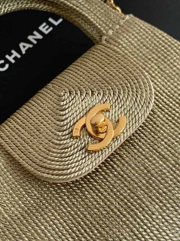 CC 2025 Woven Bag 19cm Gold Raffia Leather 296398