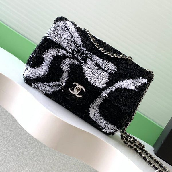 CC 2025 Flap Bag Black White Sequin 298200