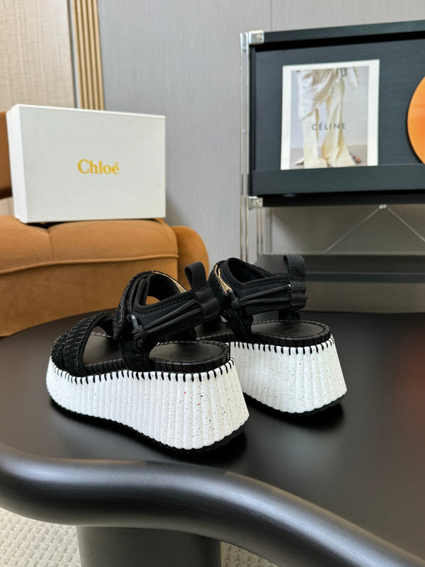 CHLOÉ NAMA WEDGE SANDAL 8 CM IN BLACK SUEDE AND WHITE RUBBER