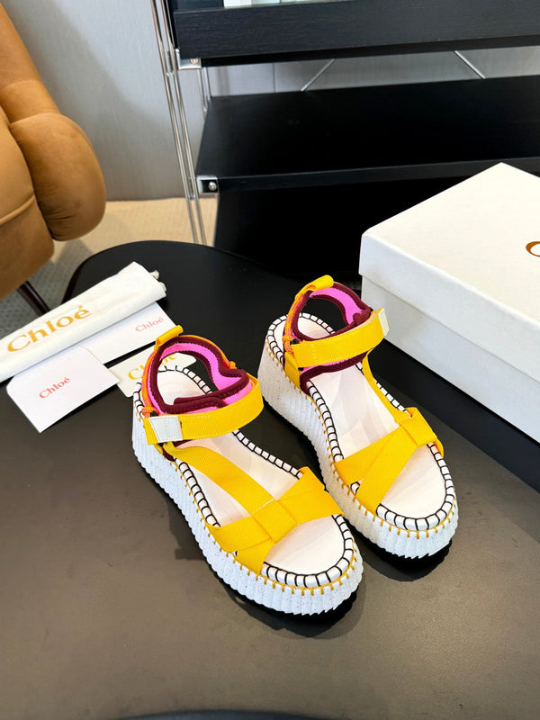 CHLOÉ NAMA WEDGE SANDALS IN BRIGHT YELLOW FABRIC AND WHITE RUBBER