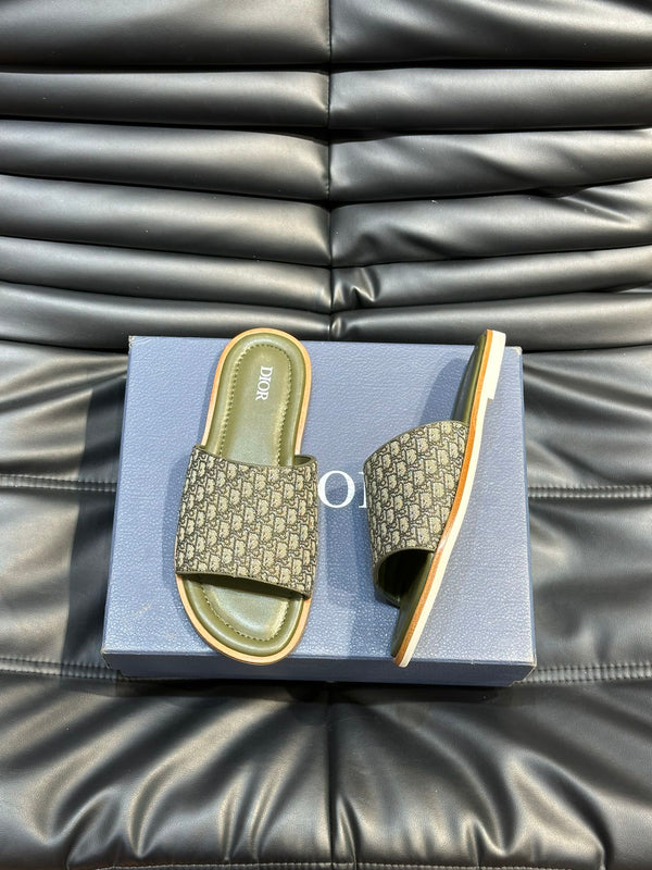 CD SLIDE ALIDAS SLIPPER OLIVE JACQUARD AND CALFSKIN