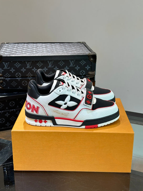 LV TRAINER SNEAKERS IN WHITE CALFSKIN AND BLACK MIX RED SUEDE