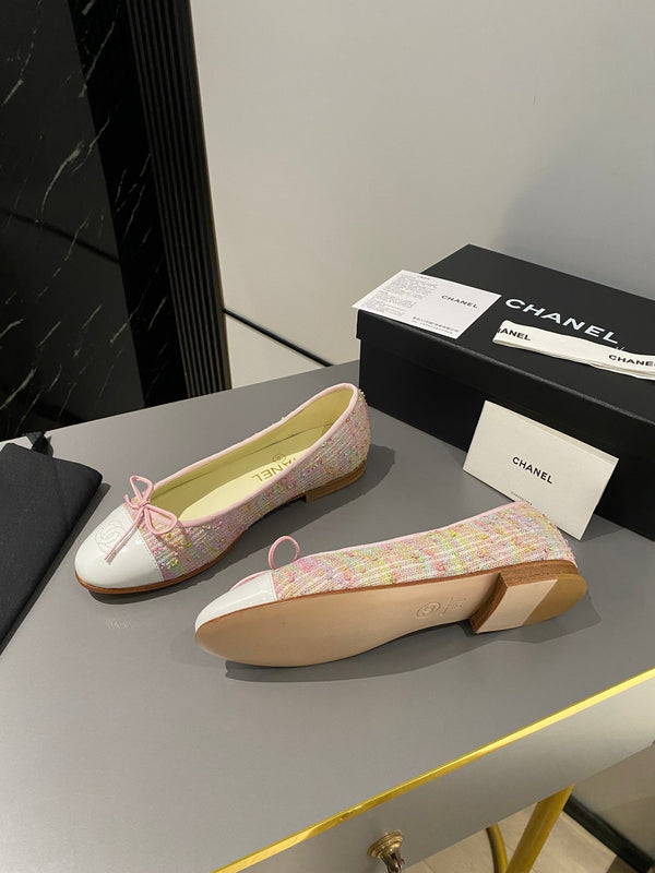 ballet flat pink yellow green tweed white calfskin