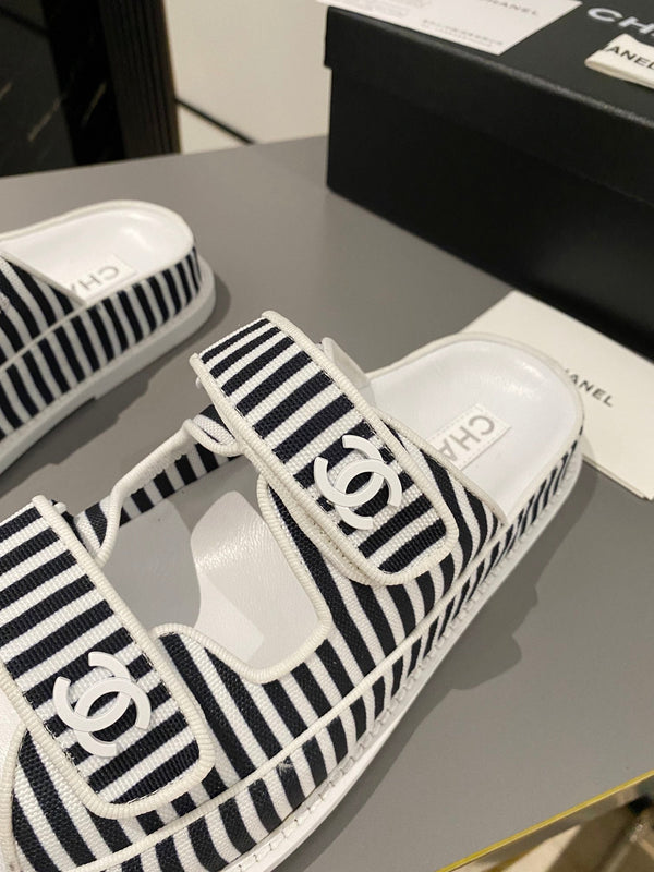 dad sandal mule striped black white fabric calfskin