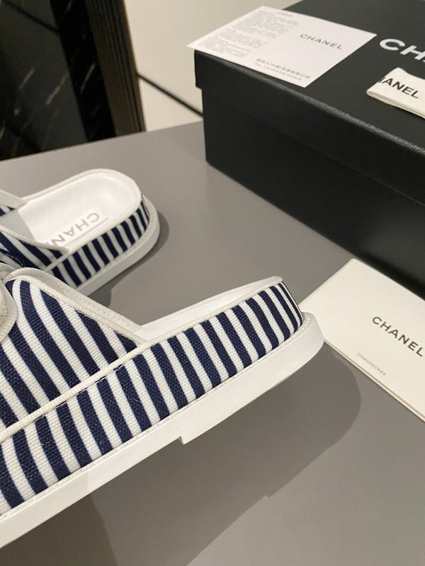 dad sandal mule striped dark blue white fabric calfskin