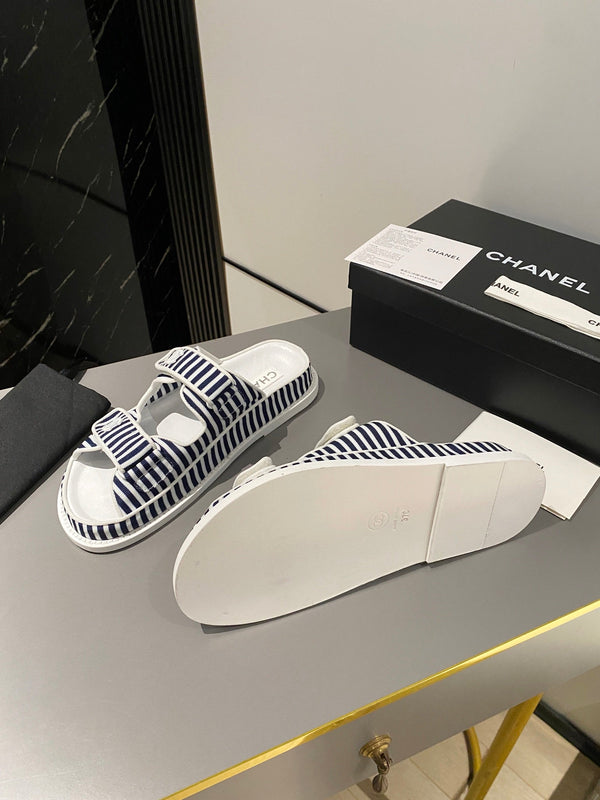 dad sandal mule striped dark blue white fabric calfskin