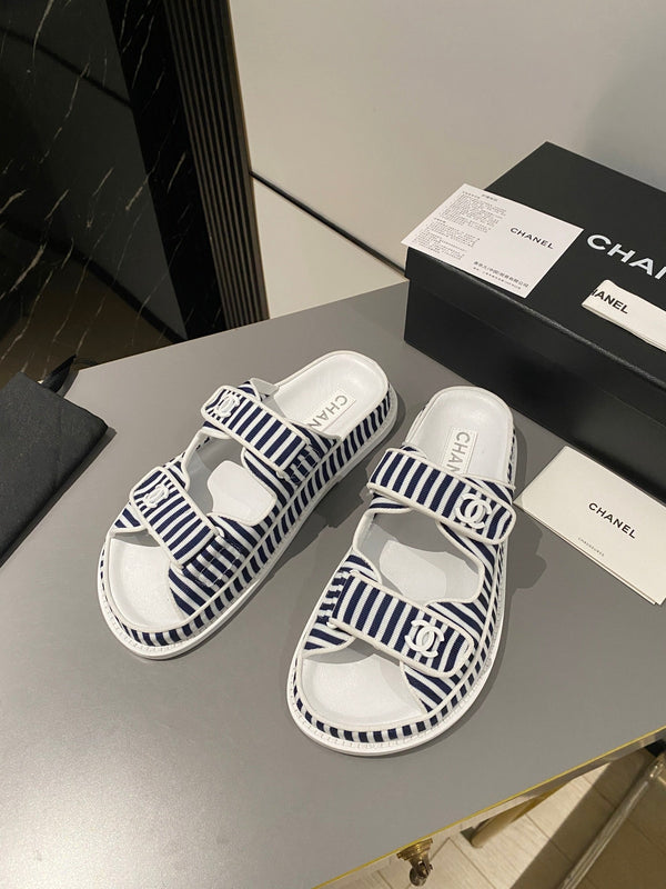 dad sandal mule striped dark blue white fabric calfskin