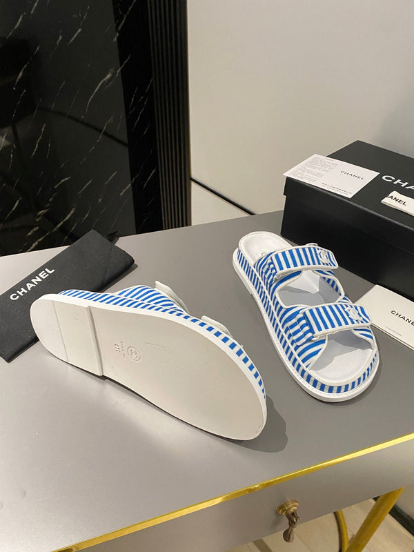 dad sandal mule striped ocean blue white fabric calfskin