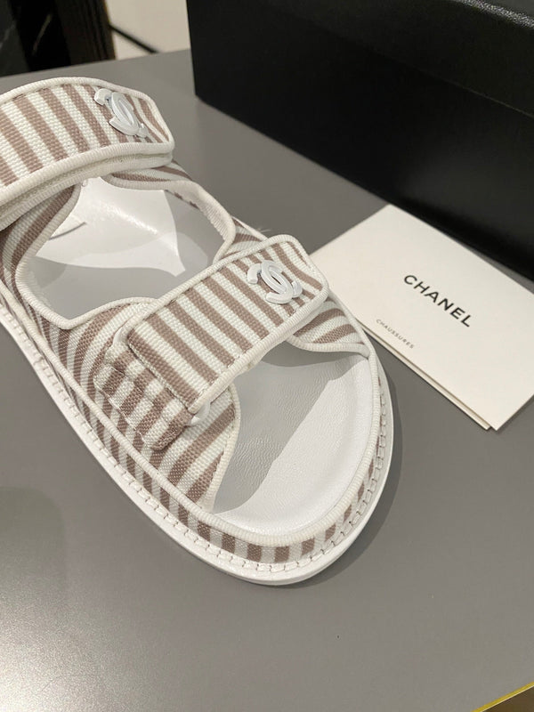 dad sandal mule striped brown white fabric calfskin