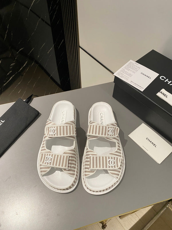 dad sandal mule striped brown white fabric calfskin