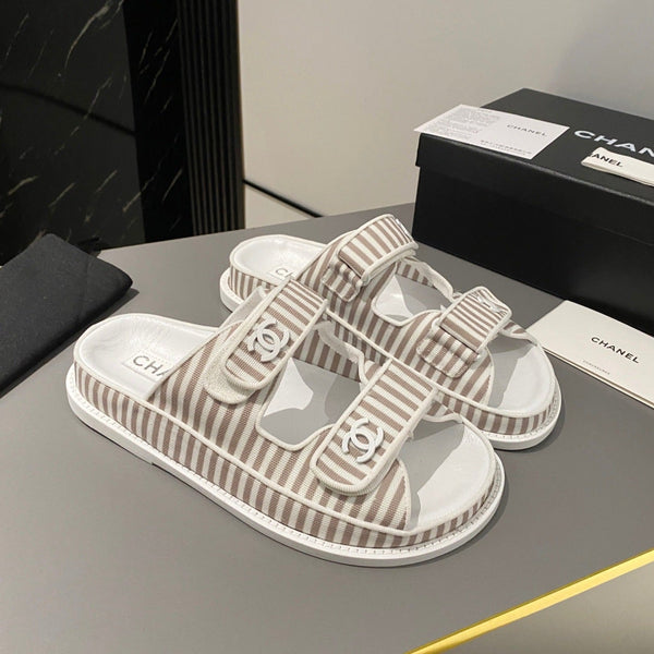 dad sandal mule striped brown white fabric calfskin