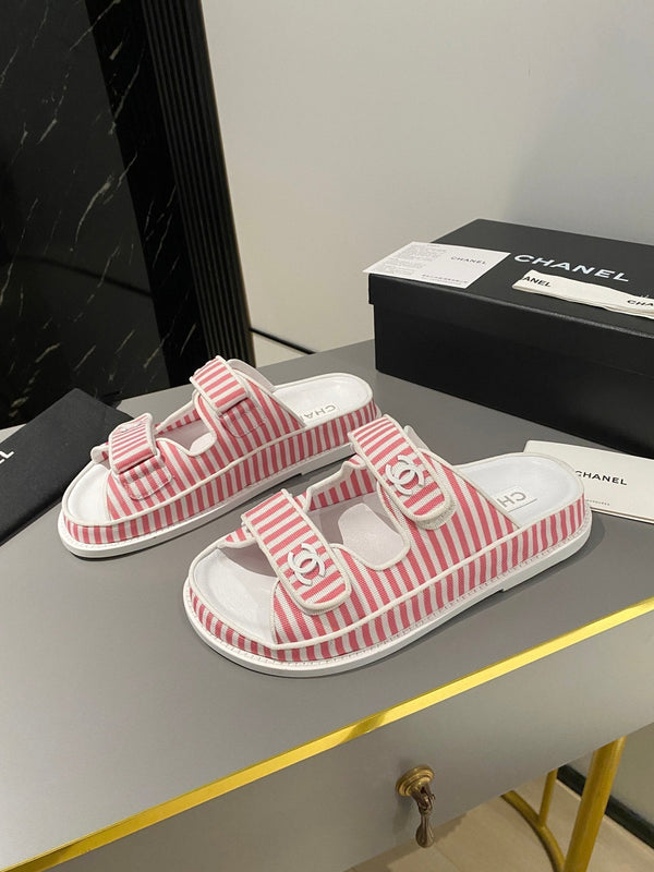 dad sandal mule striped pink white fabric calfskin