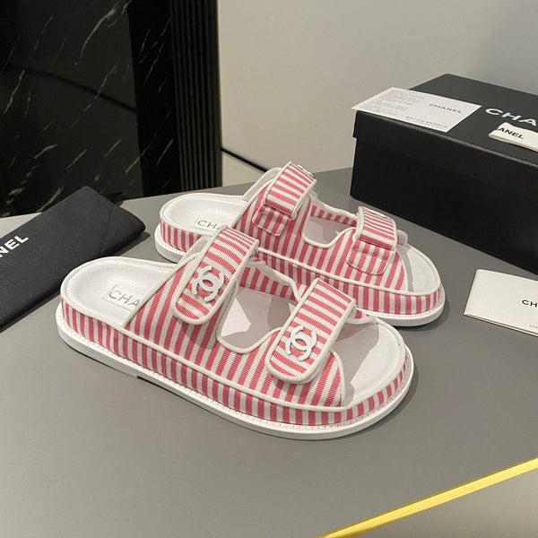 dad sandal mule striped pink white fabric calfskin