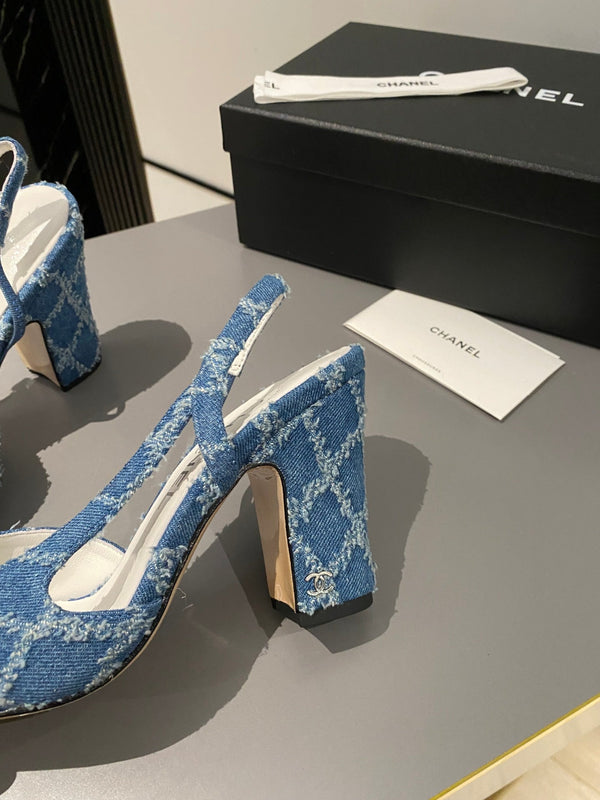 CC Slingback 95mm Dark Blue Tassel Denim Fabric